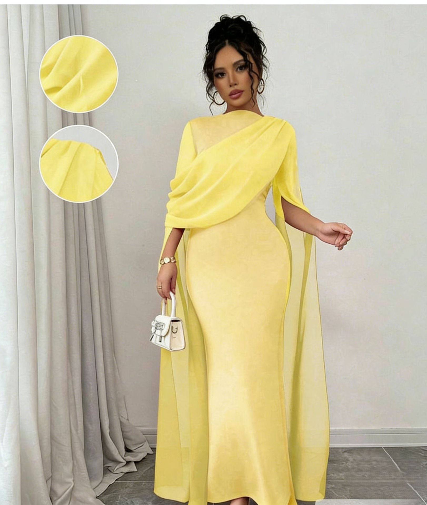 Bright yellow chiffon cape sleeve long gown with cinched waist and floor length skirt, on model
