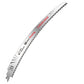 Silver curved reciprocating saw blade with three sided ground teeth on a plain white background