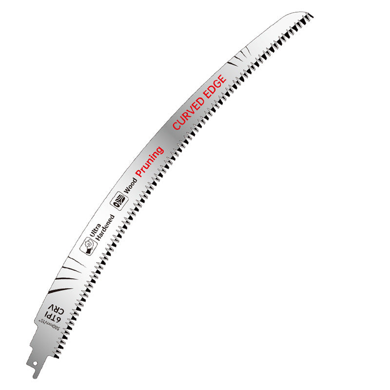 Silver curved reciprocating saw blade with three sided ground teeth on a plain white background