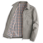 Khaki cotton zip jacket with a turn-down collar and a checked lining, shown open at the front on a white background