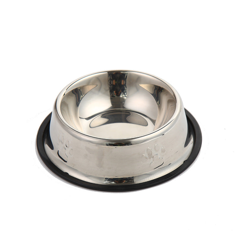 Deep stainless steel feeding bowl with double paw print emboss and a smooth seamless interior