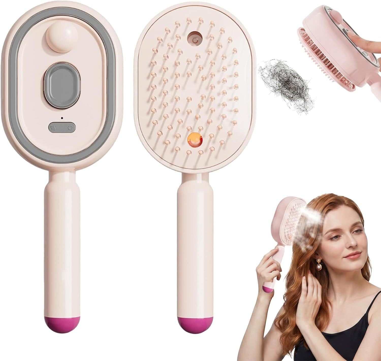 Pink electric mist spray massage hair brush front and back with ball tip bristle pad