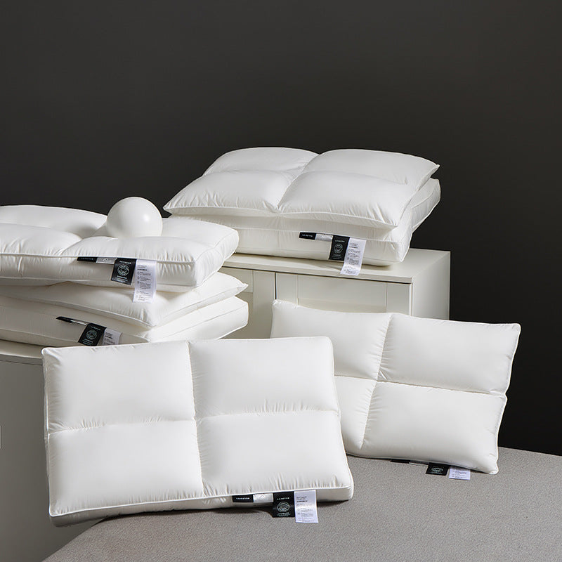White microfiber bed pillow high double layer loft shown on a made bed