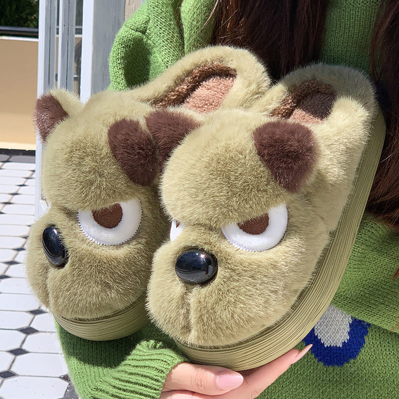 Green dog plush slippers with half-closed eyes and a glossy black nose, size 38-39 option