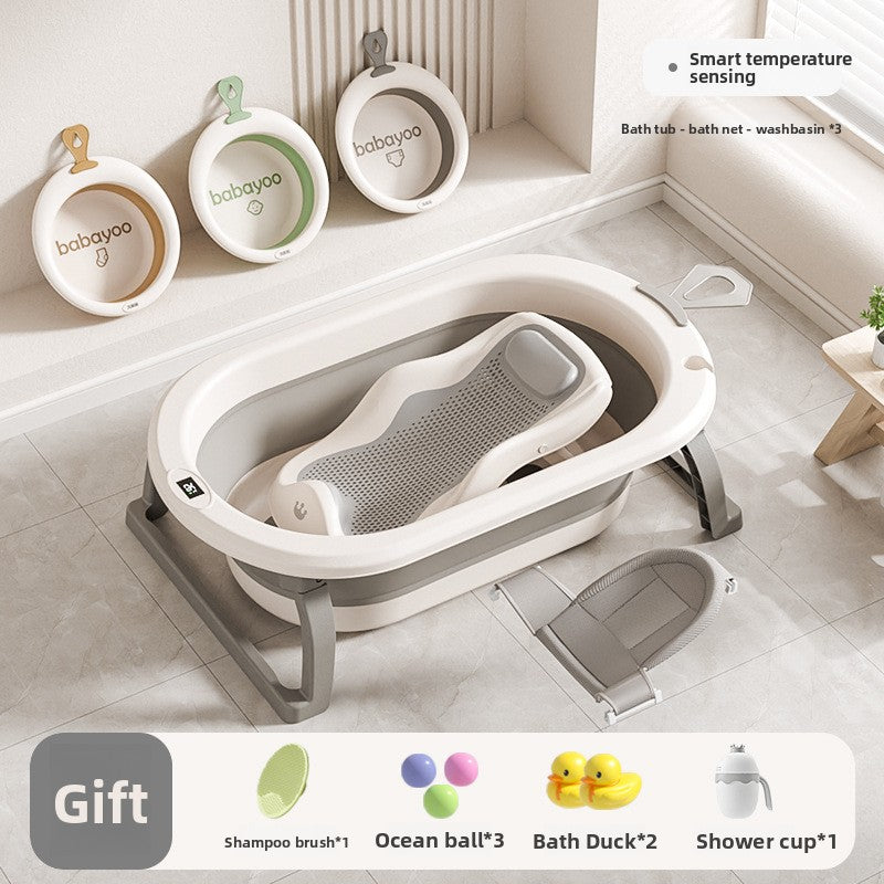 Baby bathtub with mesh bath rack, hammock bath net and three washbasins hung on the wall