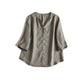 Back view of the loose linen shirt with a curved dropped hem