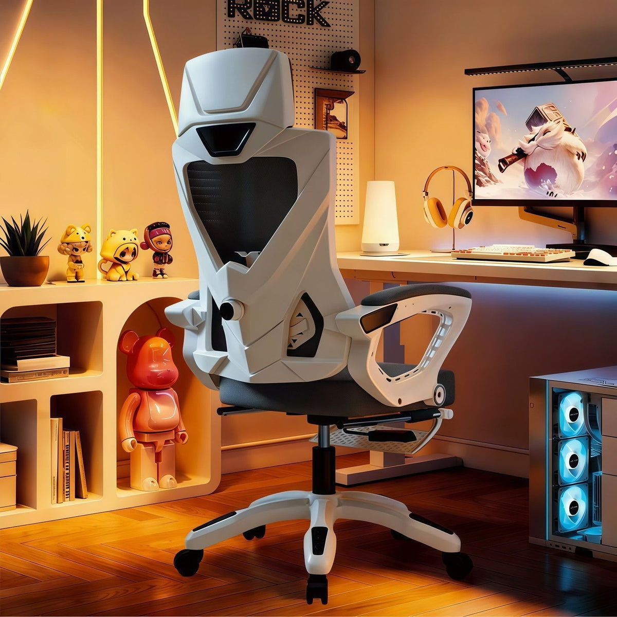White high-back mesh computer chair with gray seat in a warm room beside a desk and shelves