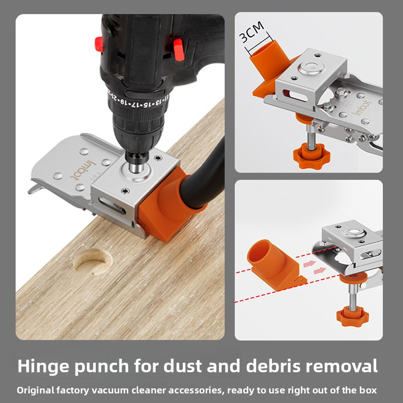 Hinge punch with an orange 3 cm dust cover fitted and a drill in the guide, with two close-up views
