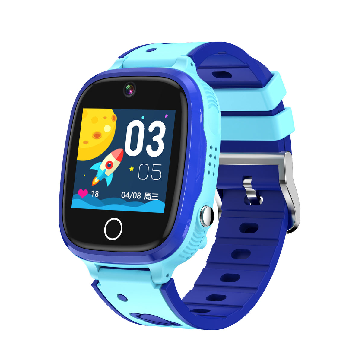 Sky blue children's smart watch with a rocket and moon face on a two tone blue strap, angled view