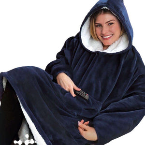 Hooded fleece wearable blanket in navy blue, front view with the hood up