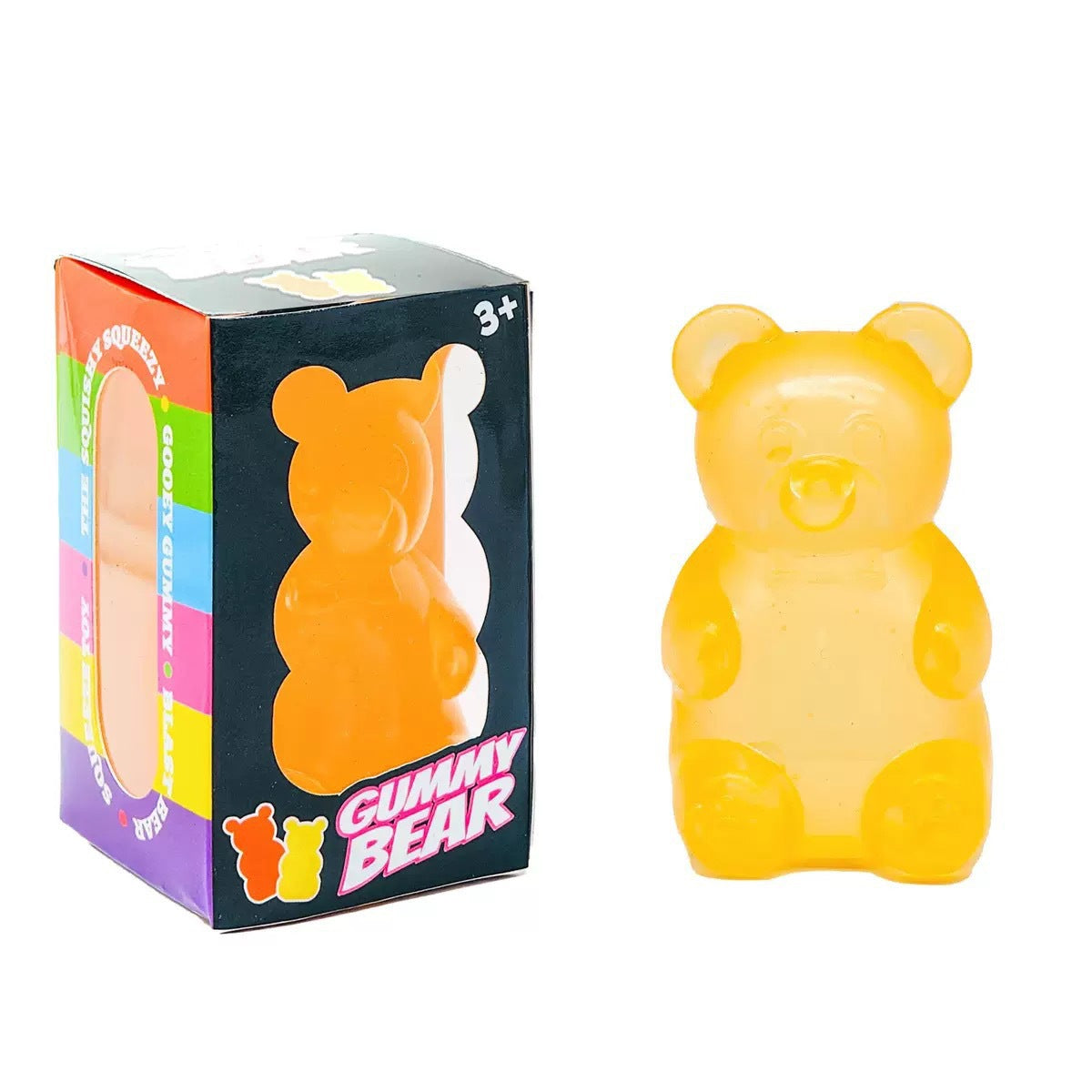 Yellow gummy bear squishy toy beside its printed 3+ box