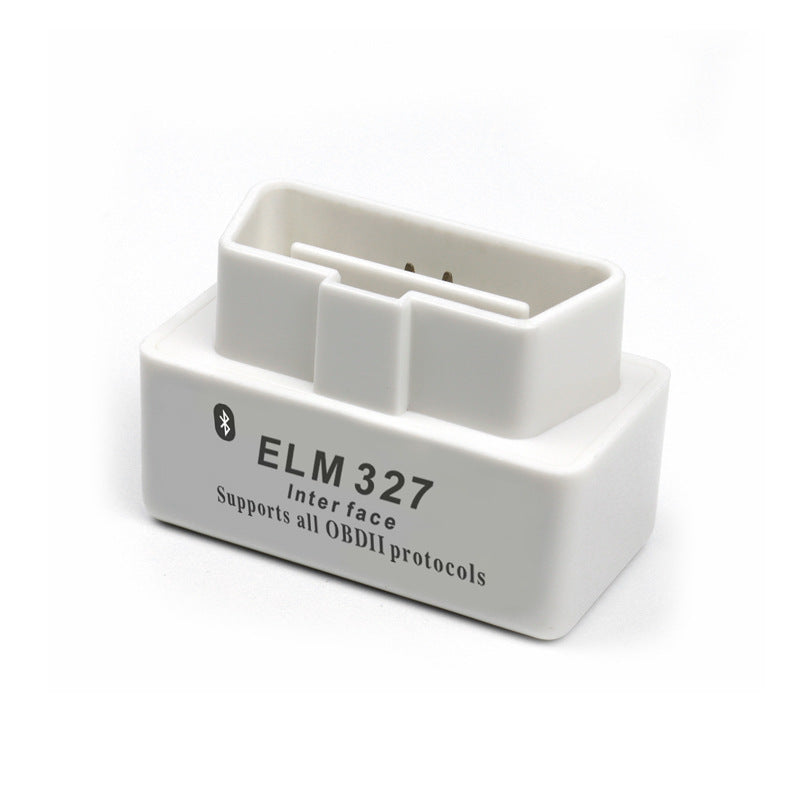 White mini OBD2 Bluetooth scanner with printed ELM 327 Interface marking, three quarter studio view