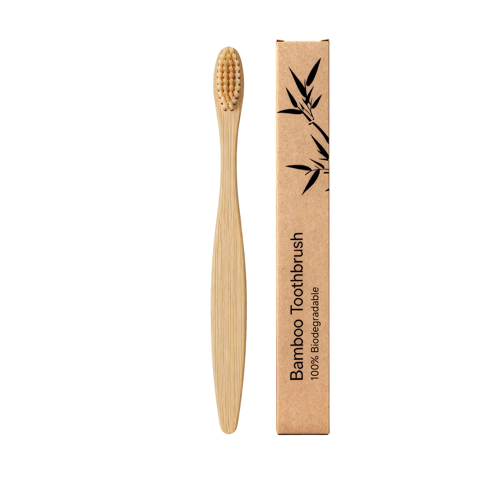 Child holding a bamboo toothbrush with colorful soft bristles