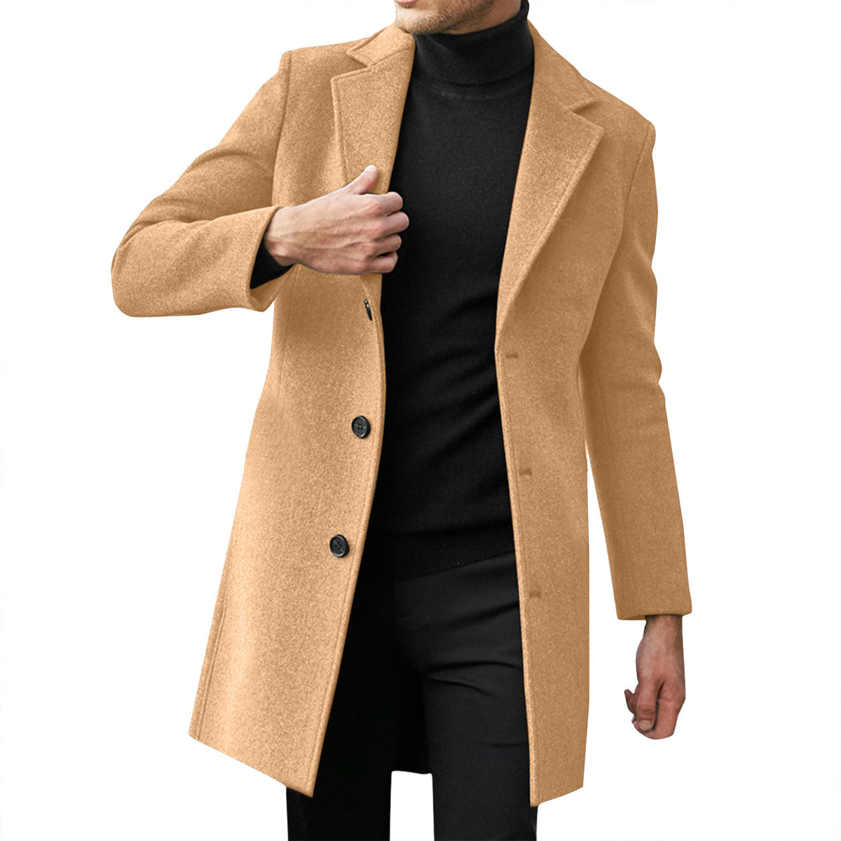 Man in a camel single-breasted mid-length coat with three buttons over a black turtleneck, size L option