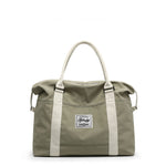 Sage green nylon weekender bag with cream top handles
