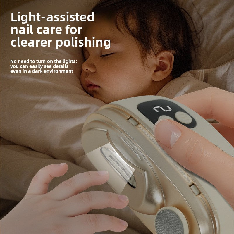 Beige electric nail clipper held in a hand above a sleeping baby, with text on light-assisted nail care