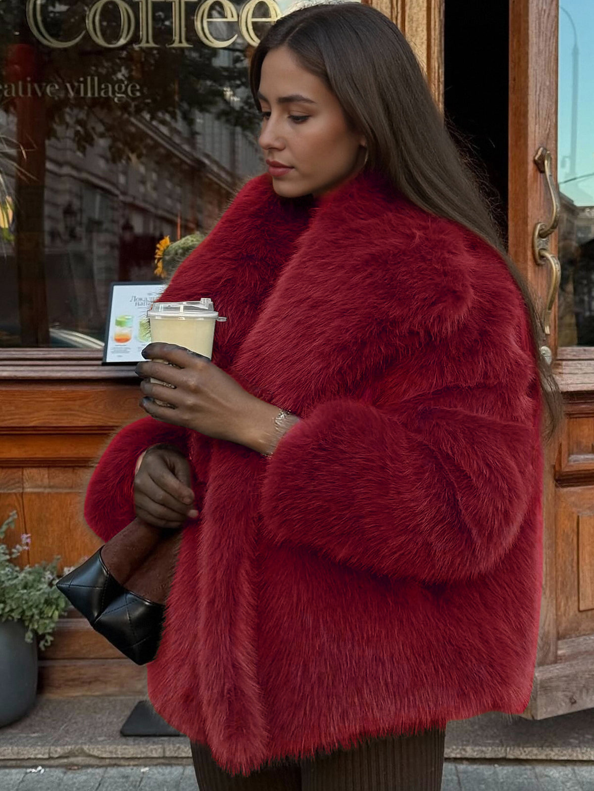 Wine red vegan fur lapel jacket on a model holding a coffee cup, option Wine Red, size XXL