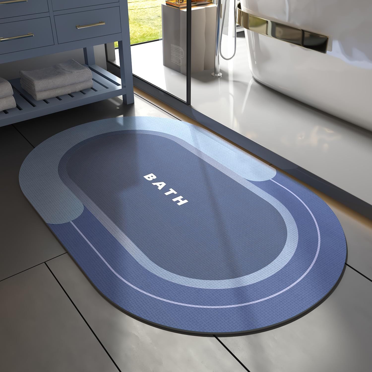 Quick dry bath mat in soft morning natural light beside a tub