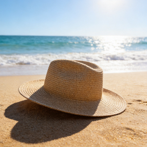 Natural straw wide brim sun hat resting on sunny beach sand beside the sea