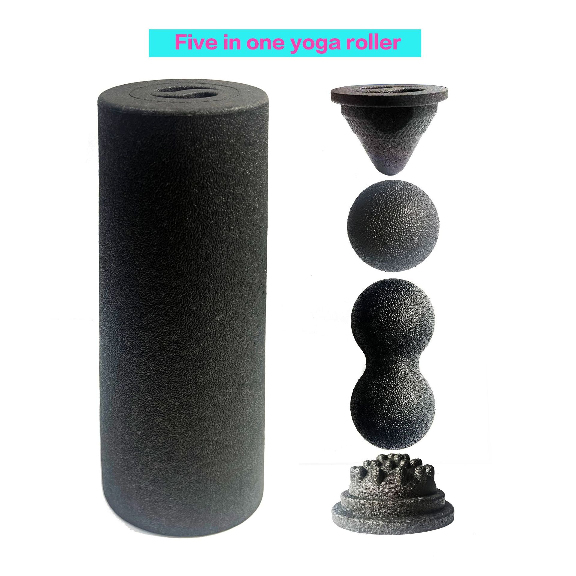 Five in one yoga foam roller kit with triangular cone, single ball, peanut ball and nubbed massage cap