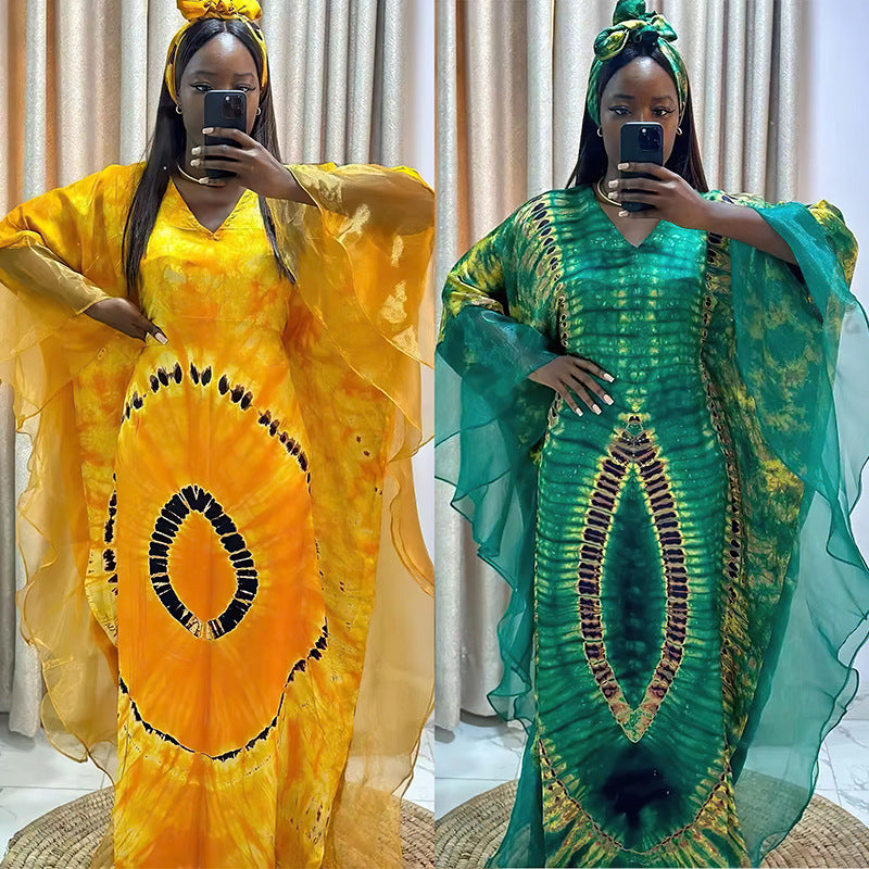 African print kaftan maxi dress with wide sheer mesh oversleeves and a V neckline