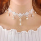 Lace band choker necklace with fine alloy chain swags and teardrop bead accents
