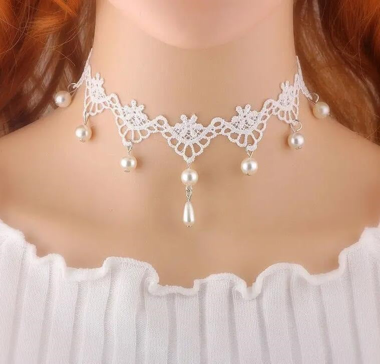 Lace band choker necklace with fine alloy chain swags and teardrop bead accents