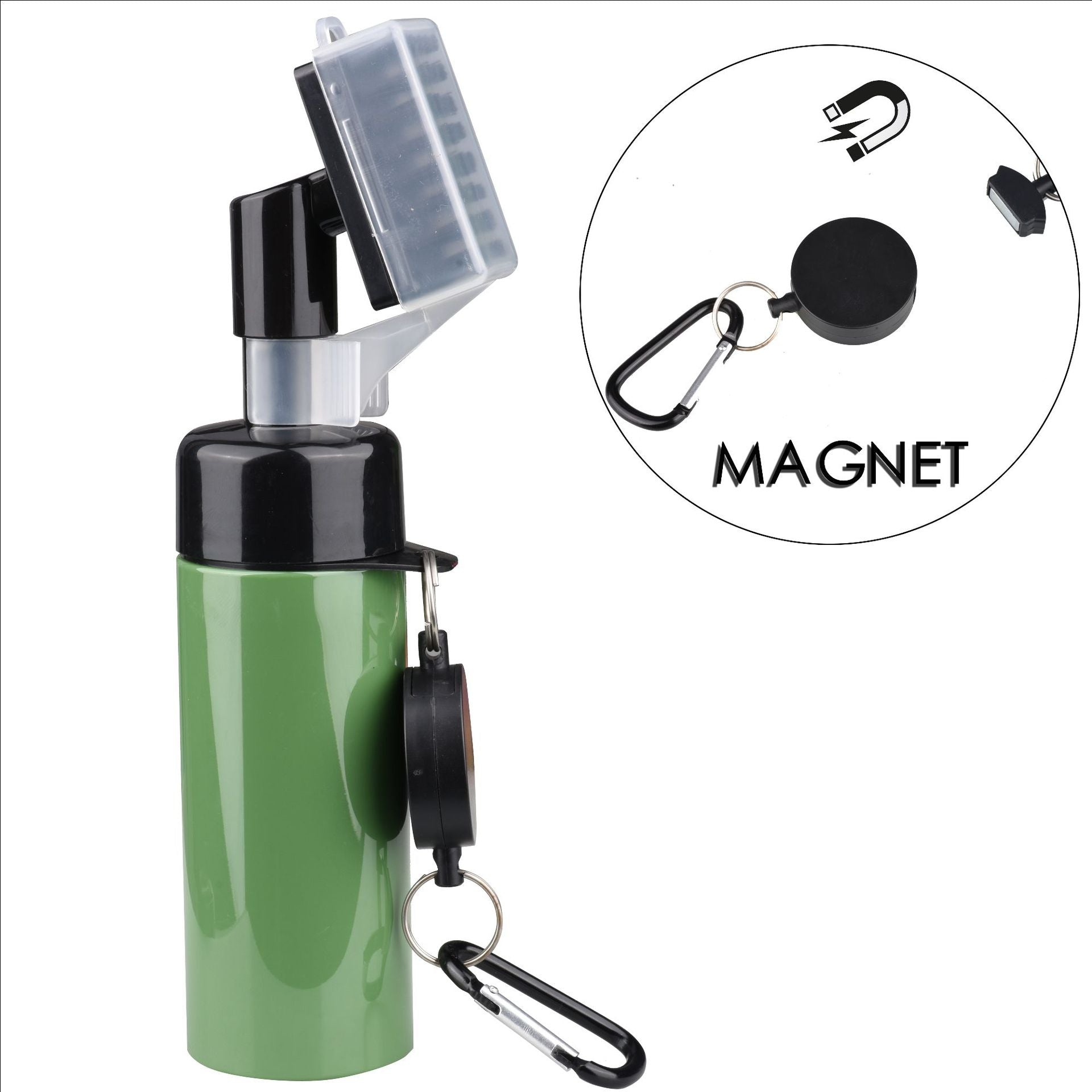 Green golf club cleaner with a 150 ml press spray bottle and a hanging clip
