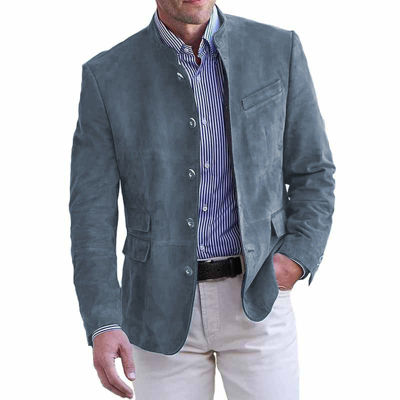 Mens single breasted jacket in matte brushed vegan suede with long sleeves and stand collar