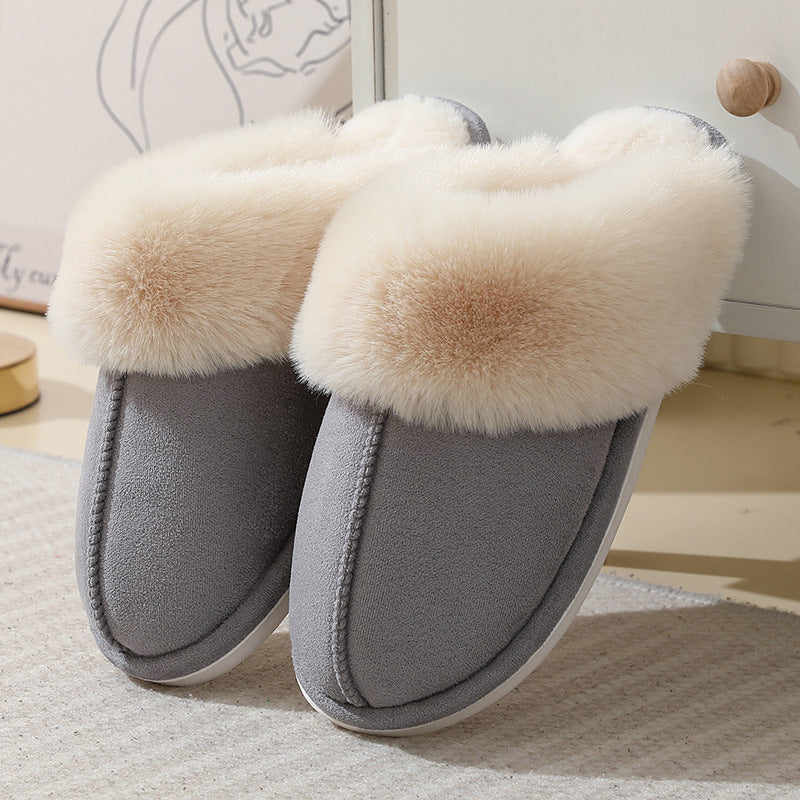 Gray plush cuff slip-on mule slippers on a grey rug, variant photo for size 44/45