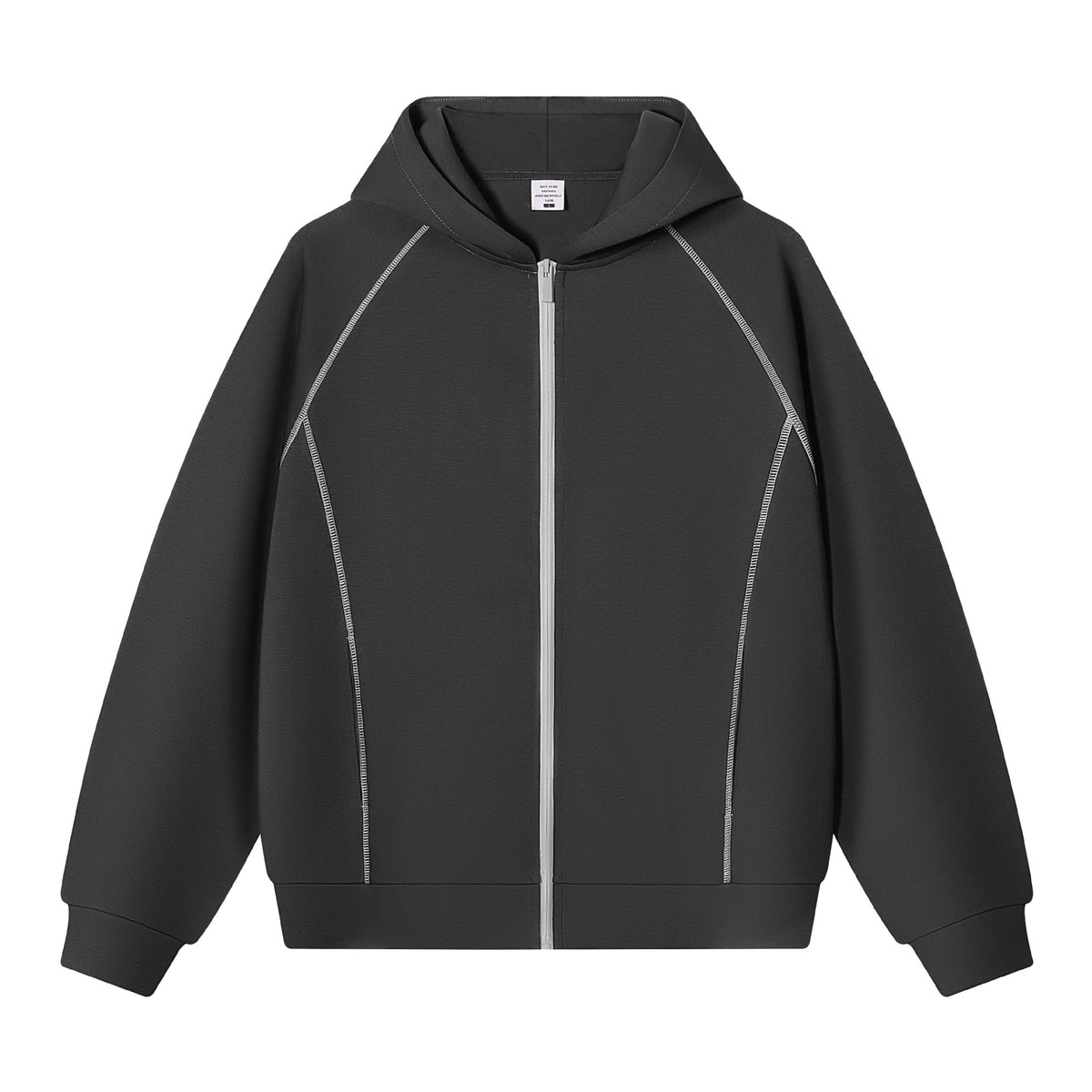 Dark grey zip-up hoodie with light contrast stitching along the raglan sleeves and front panels, size L option
