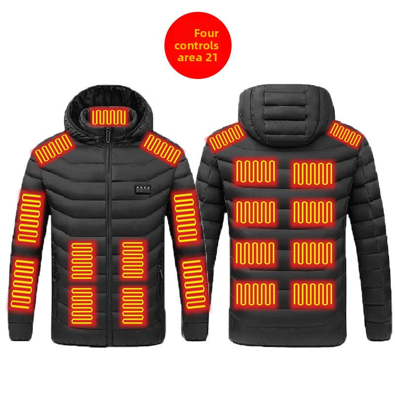 Heated jacket worn in winter with the USB heating running from a power bank