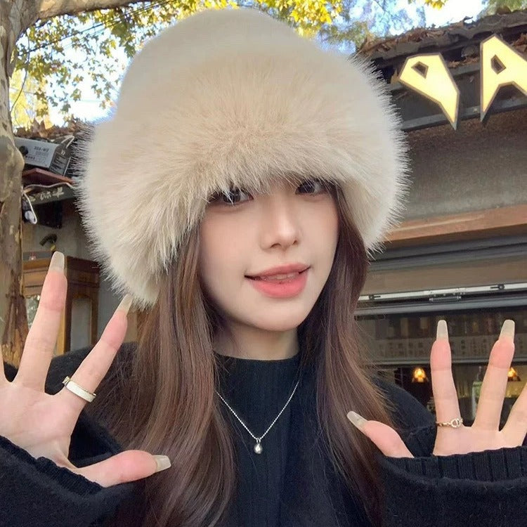 Winter Warm Imitation Fur Bucket Hat | side profile detail close up