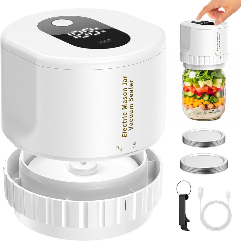 White mason jar vacuum sealer with two stainless lids, a lifter tool and a USB cable