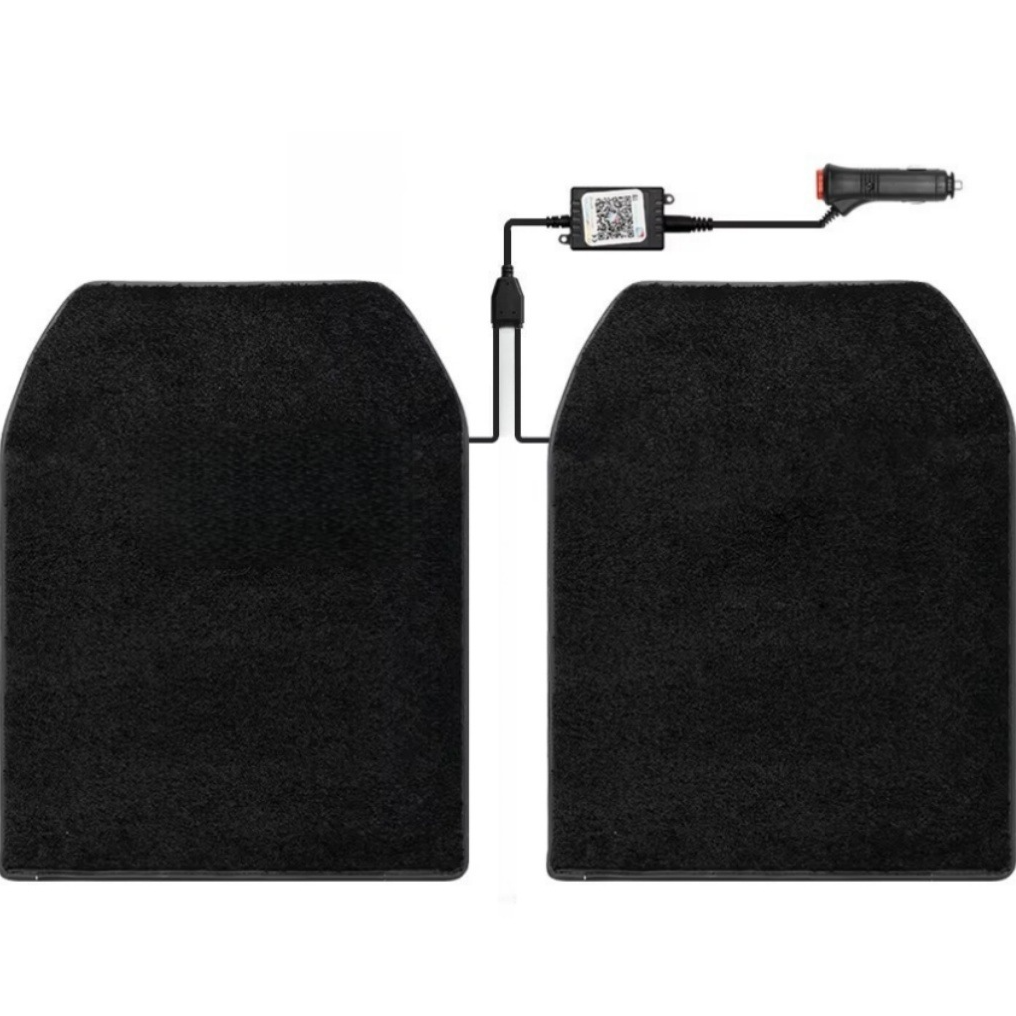 Two large black carpet car floor mats linked by a cable to an app controller box and a cigarette lighter plug