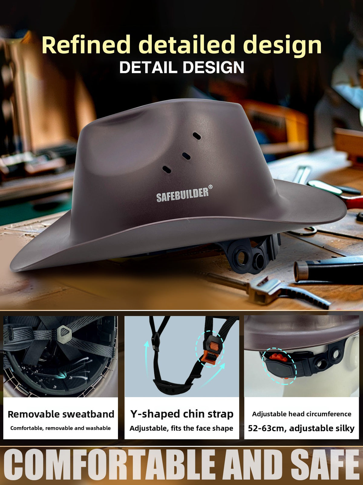 Cowboy style safety helmet brown matte HDPE shell with wide brim side view