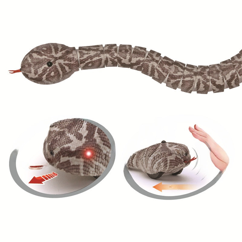 Remote control snake cat toy in a realistic scale pattern moving across the floor