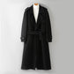 Black double faced wool coat back view showing the long straight silhouette