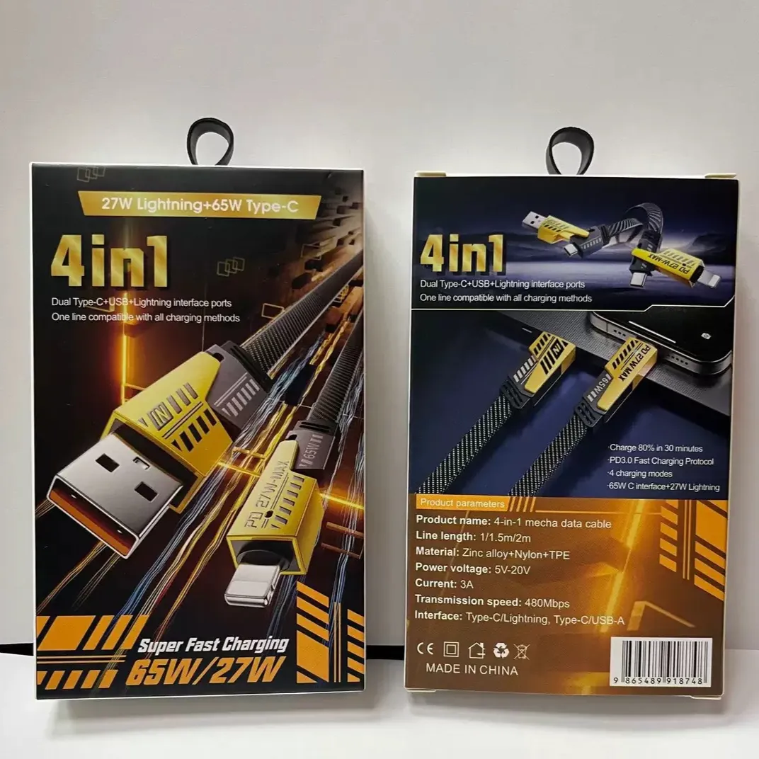 Printed retail packaging showing the cable and its connector combinations