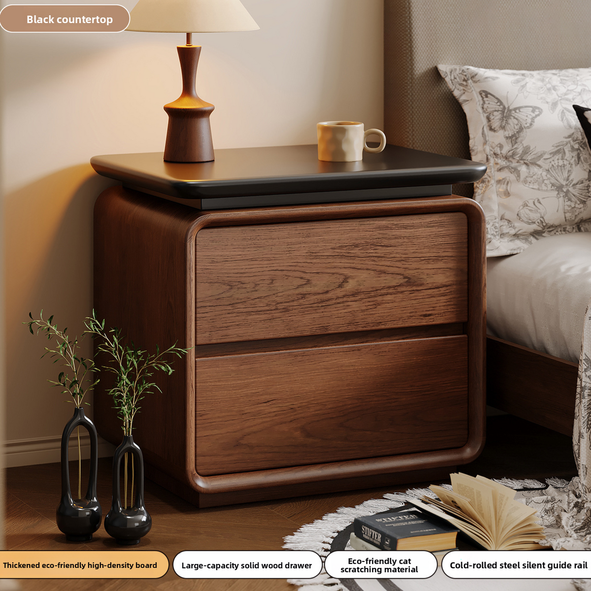 Side view of the bedside cabinet showing the plinth base and slab top