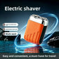 Orange mini electric shaver over a water scene with callouts for a double-ring blade head, a 9000 RPM motor and blade wash