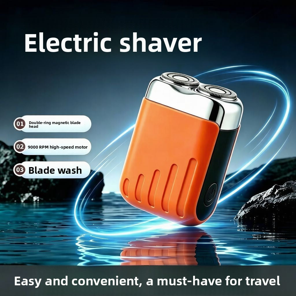 Orange mini electric shaver over a water scene with callouts for a double-ring blade head, a 9000 RPM motor and blade wash