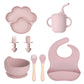 Pink 8-piece set 2 with a paw plate, a cup with a straw, a bowl, utensils and a bib