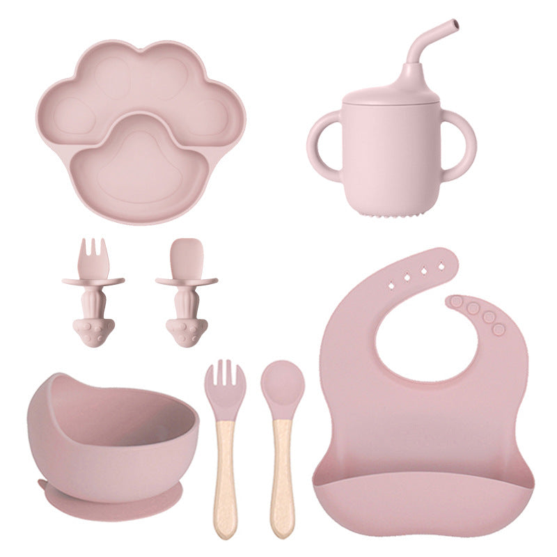Pink 8-piece set 2 with a paw plate, a cup with a straw, a bowl, utensils and a bib