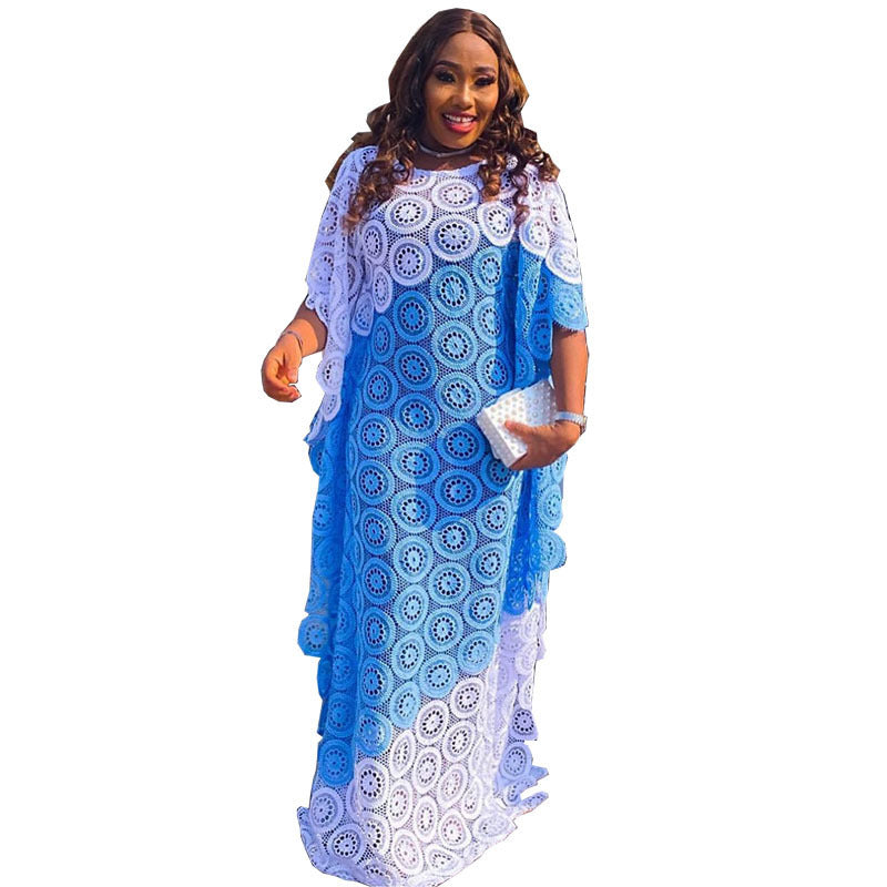 Black and white lace boubou robe with short flared sleeves