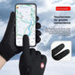 Black glove tapping a phone map screen with a conductive fingertip beside a touchscreen text panel