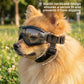 Range of dog goggles with clear, silver, gray, rainbow and blue tinted lenses