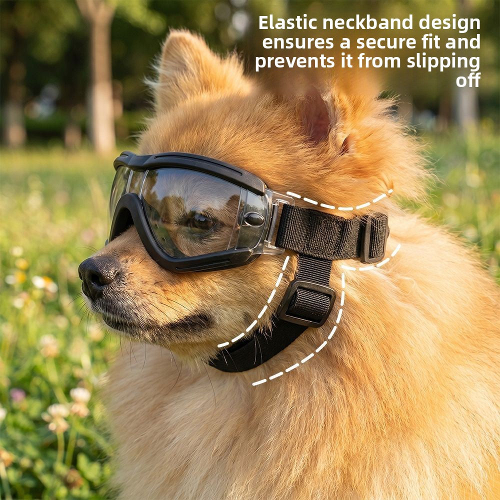Range of dog goggles with clear, silver, gray, rainbow and blue tinted lenses