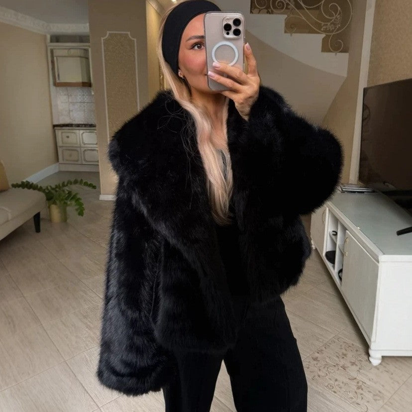 Black vegan fur short jacket with long pile and wide shawl collar