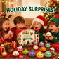 Staged holiday scene with children holding colorful squishy dumplings beside the Mystery Dumpling calendar box